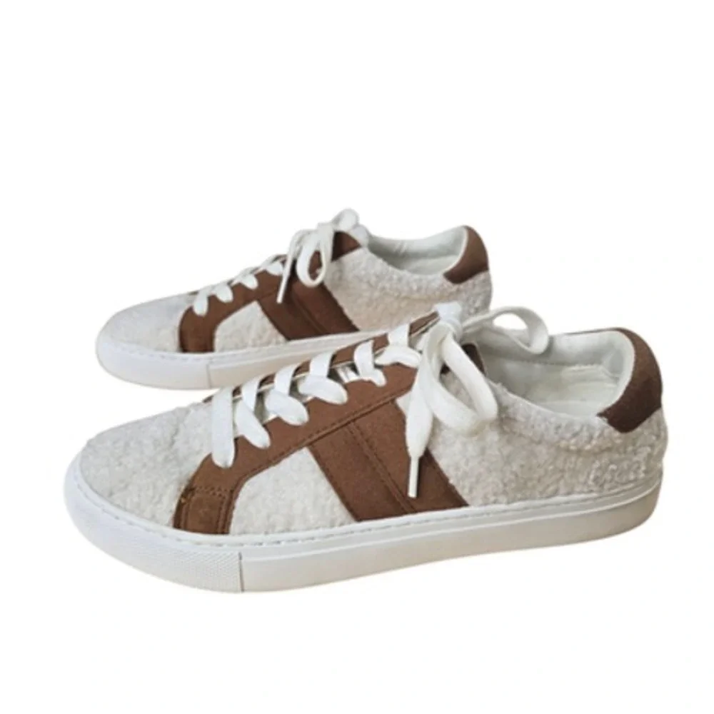 J.Crew Shoes Womens Size 7.5 White Brown Sherpa Faux Fur Low Top Lace‎ Up BJ272